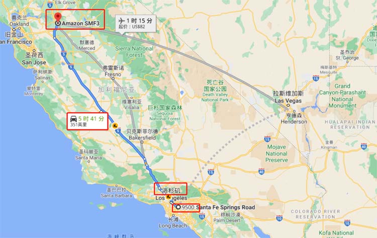 紐酷美西海外倉(cāng)過(guò)去SMF3需要5小時(shí)41分鐘車(chē)程