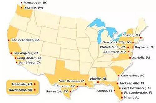 美國(guó)港口分布圖